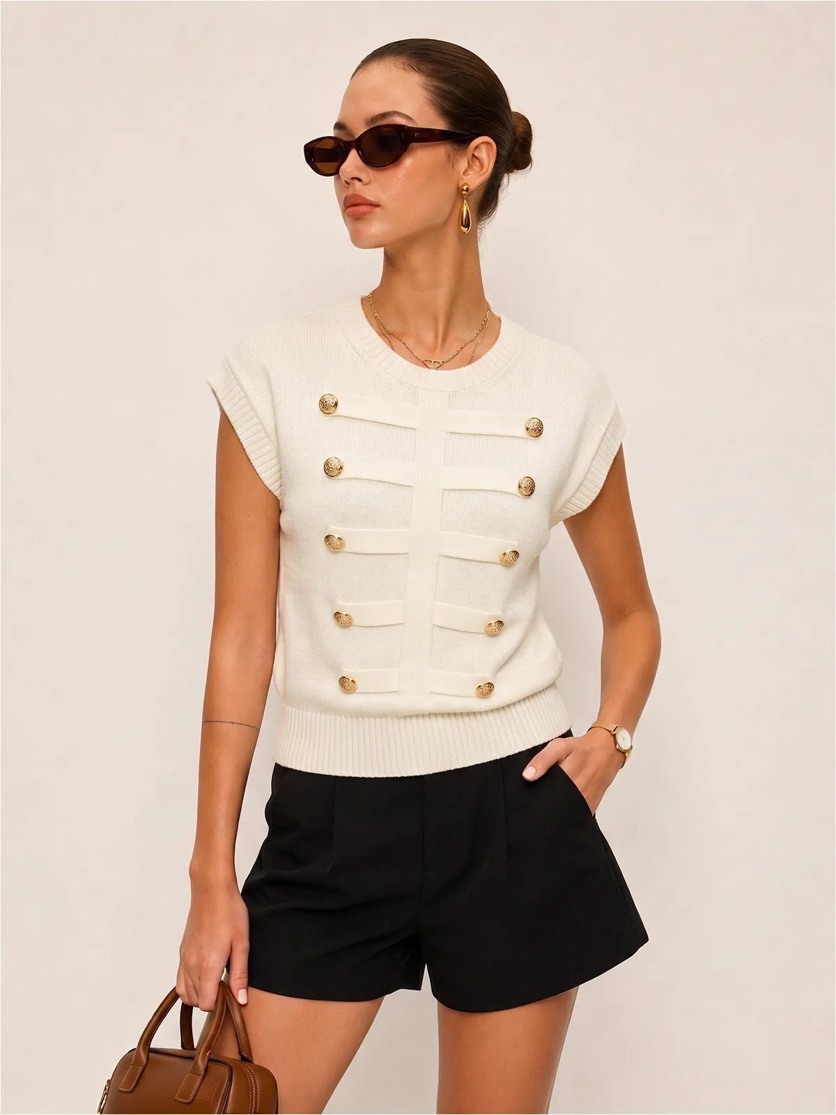 Decorative Metal Button Crew Neck Knit Top sold by COMMENSE