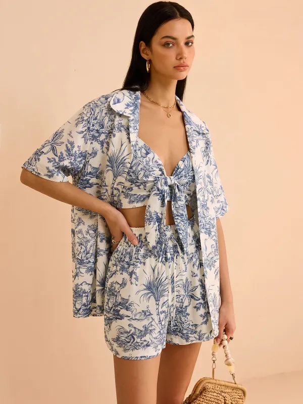 Toile Print Casual Three Piece Shorts Set made by COMMENSE