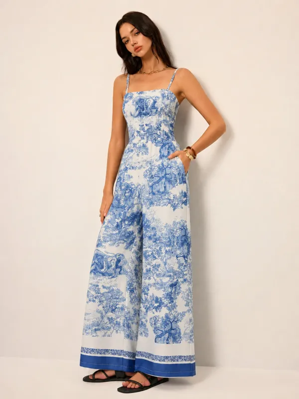 Toile Print Smocked Cami Wide-Leg Jumpsuit made by COMMENSE