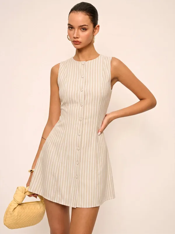 Lace-Up Back Striped Button Front Mini Dress made by COMMENSE