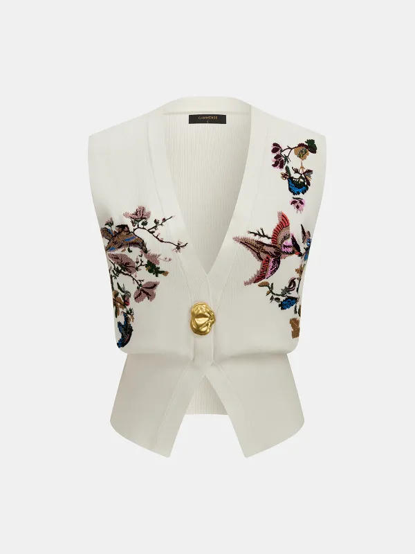 Floral Bird Embroidered Knit Vest made by COMMENSE