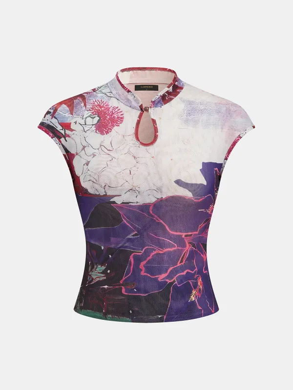 Floral Print Mandarin Collar Mesh Top made by COMMENSE