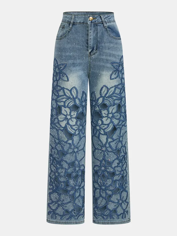 Rhinestone Floral Cut Out Wide Leg Jeans made by COMMENSE