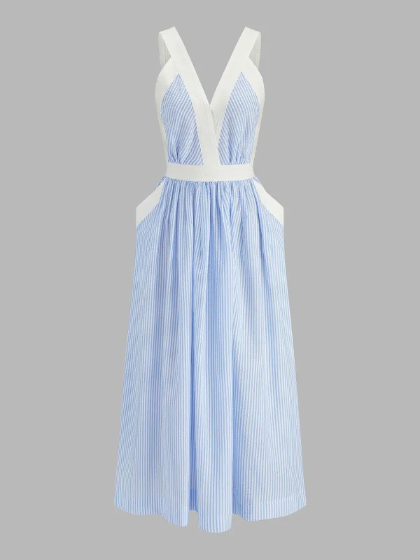 Contrast Trim Textured Striped Midi Dress made by COMMENSE