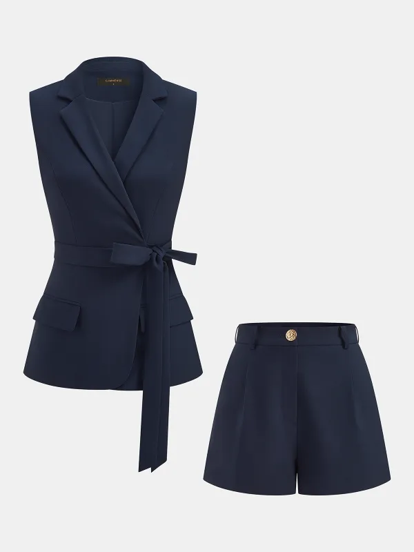 Belted Sleeveless Blazer & Shorts Set made by COMMENSE