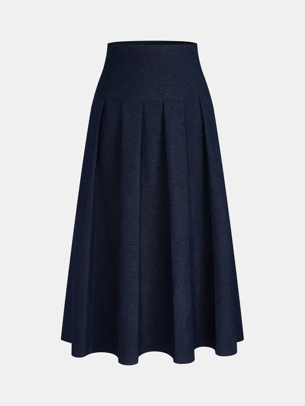 Faux Denim Pleated A-Line Midi Skirt made by COMMENSE