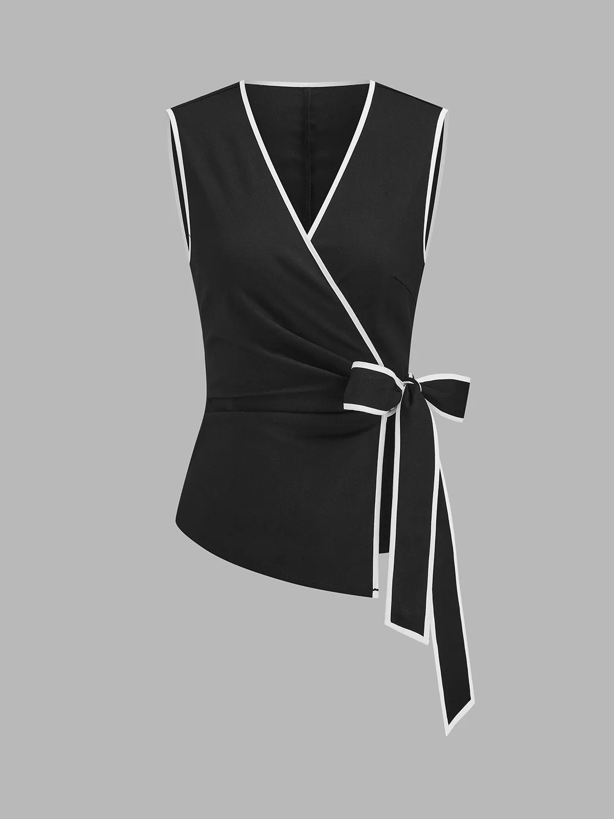 Linen Blend Contrast Trim Tie Waist Blouse sold by COMMENSE