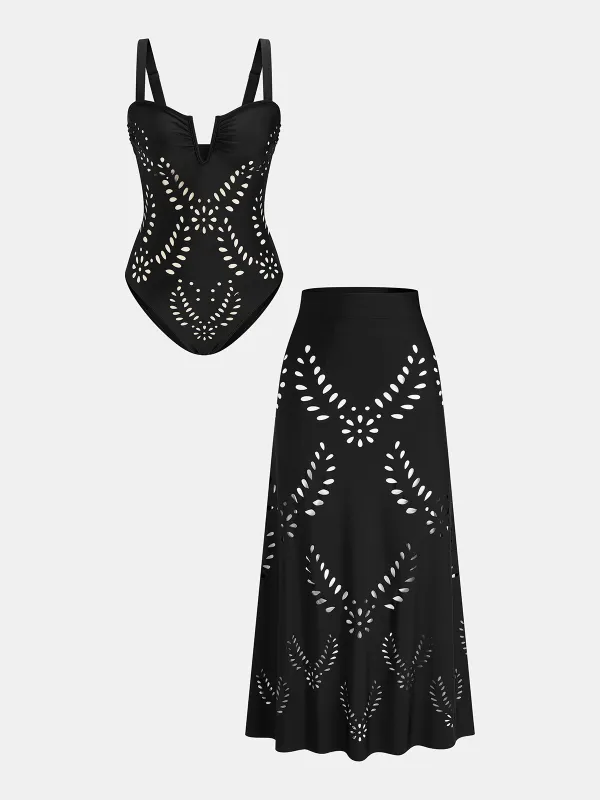 Perforated One Piece Swimsuit & Skirt Set made by COMMENSE