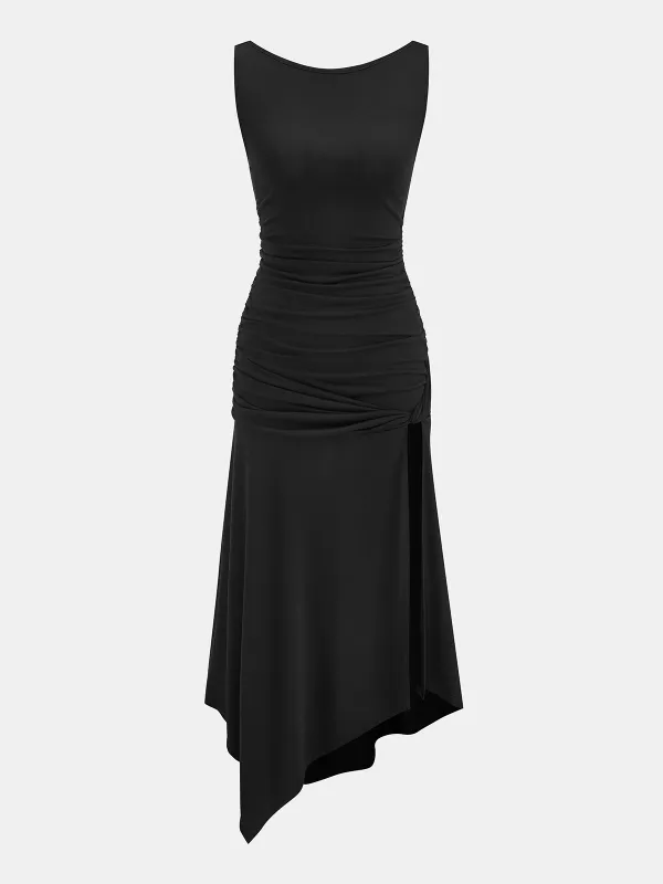 Sleeveless Ruched Asymmetric Maxi Dress made by COMMENSE