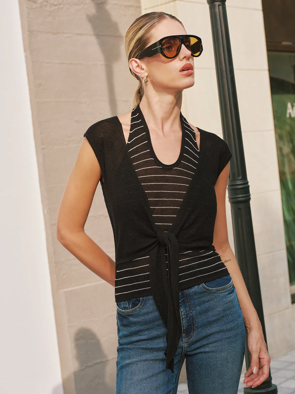 Striped Halter & Tie Front Knit Vest Set sold by COMMENSE product image thumbnail 5