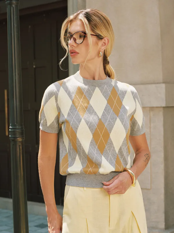 Argyle Short Sleeve Knit Sweater made by COMMENSE