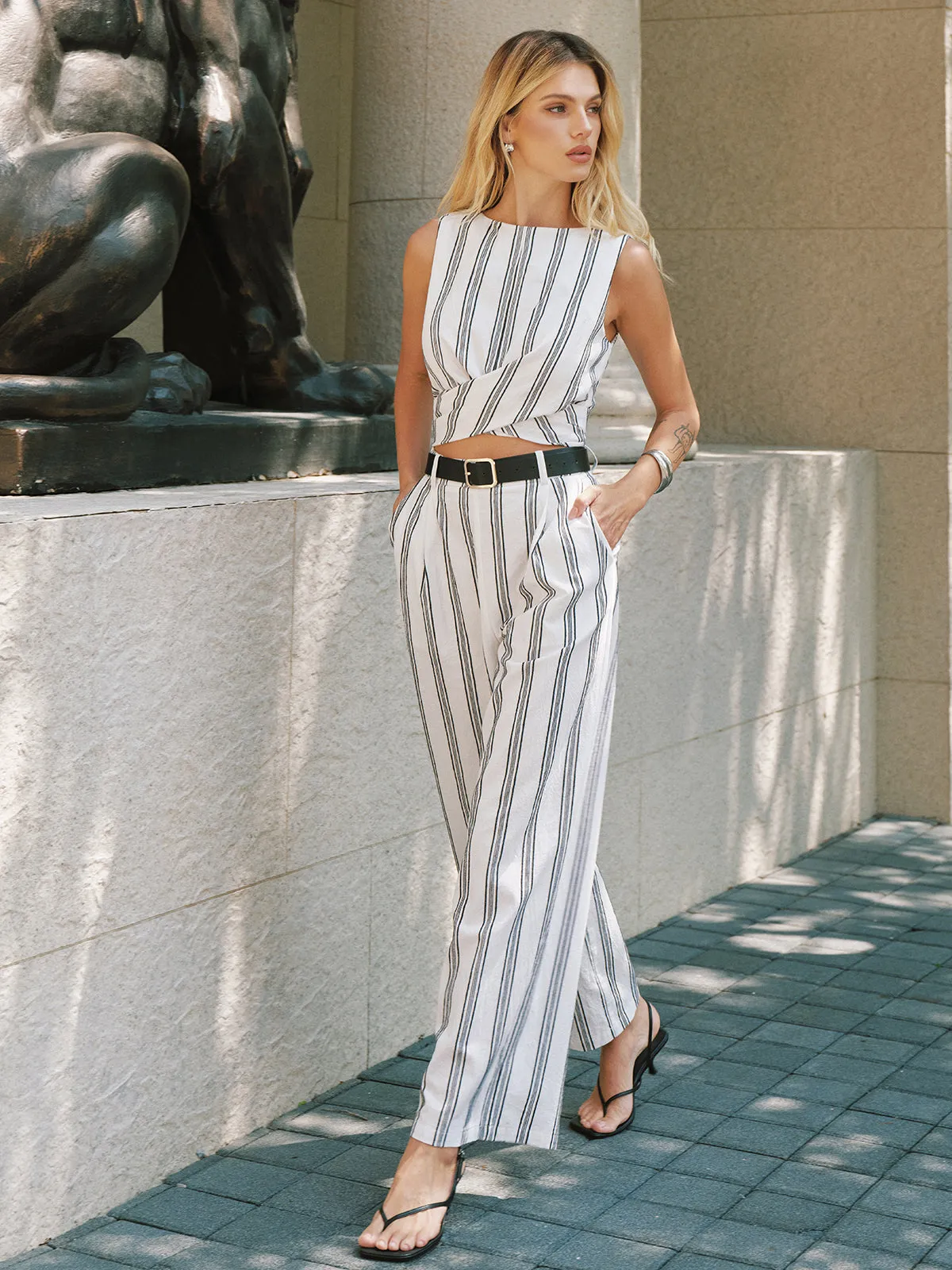 Cotton Linen Striped Cutout Belted Jumpsuit sold by COMMENSE product image thumbnail 4