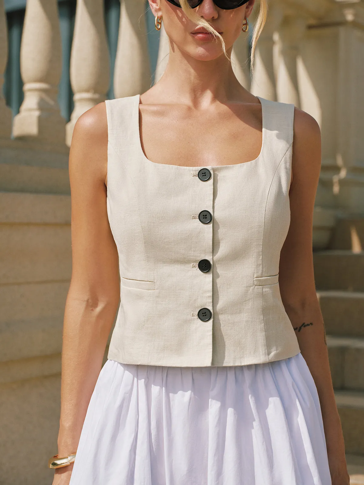 Square Neck Buttoned Vest & Maxi Skirt Set sold by COMMENSE product image thumbnail 5