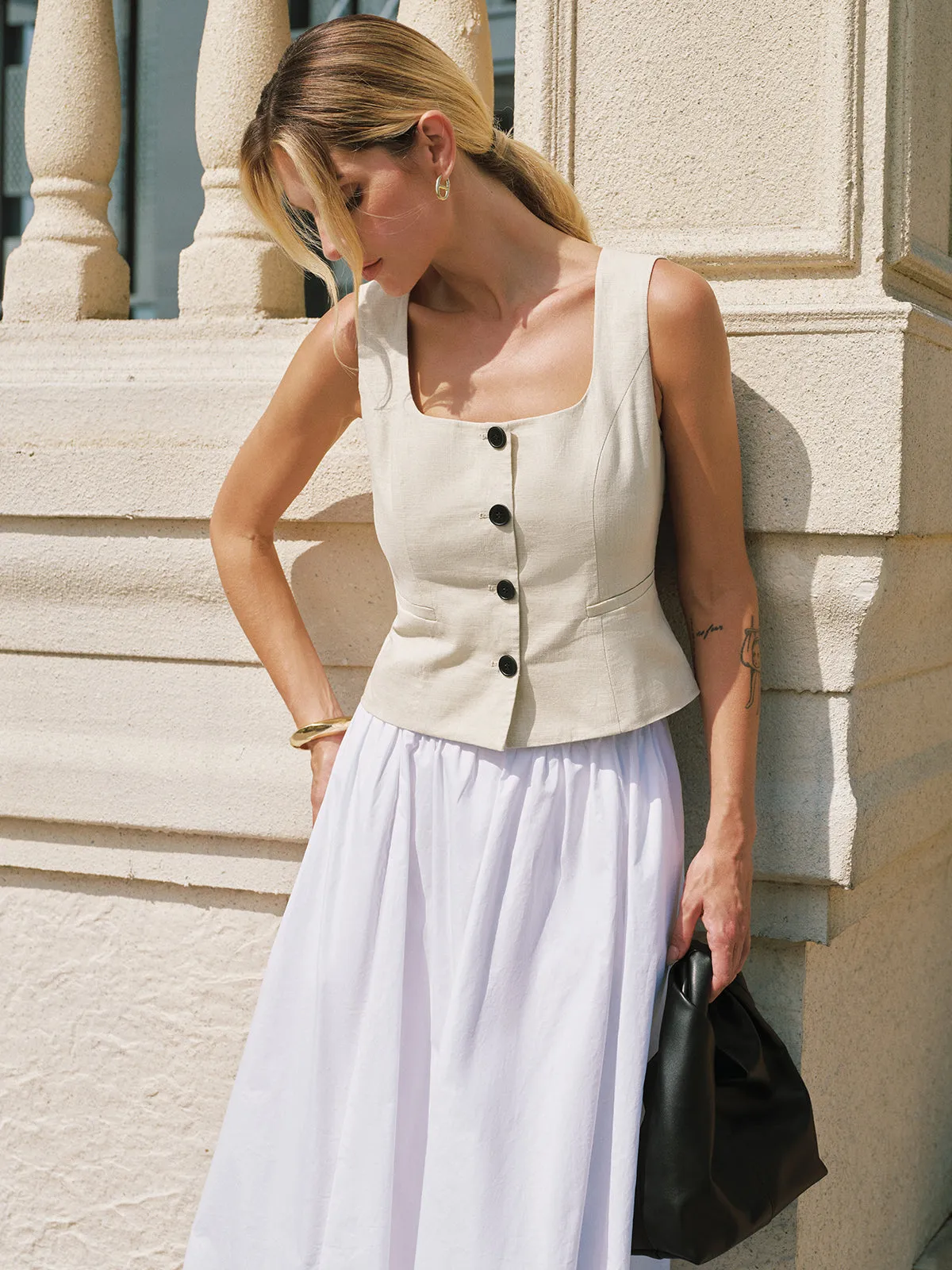 Square Neck Buttoned Vest & Maxi Skirt Set sold by COMMENSE product image thumbnail 2