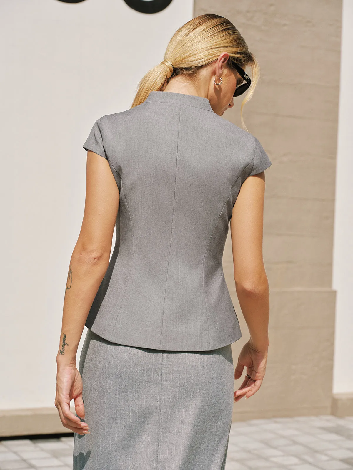 Zipper Stand Collar Cap Sleeve Blouse sold by COMMENSE product image thumbnail 3