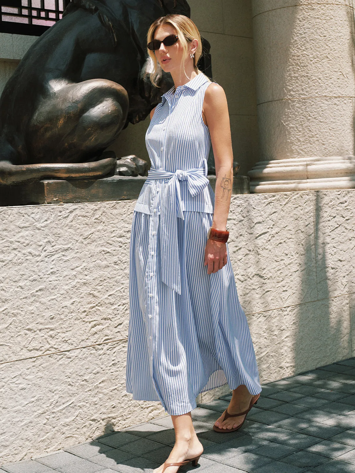 Striped Sleeveless Belted Maxi Shirt Dress sold by COMMENSE product image thumbnail 5