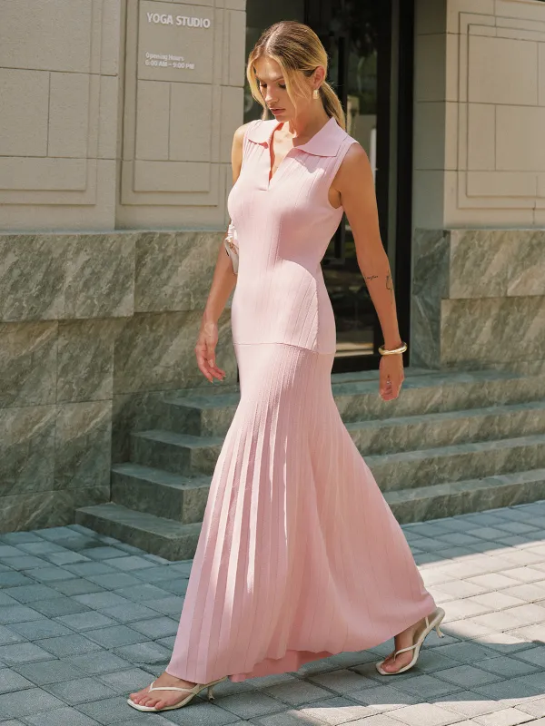 Polo Collar Sleeveless Ribbed Knit Maxi Dress made by COMMENSE