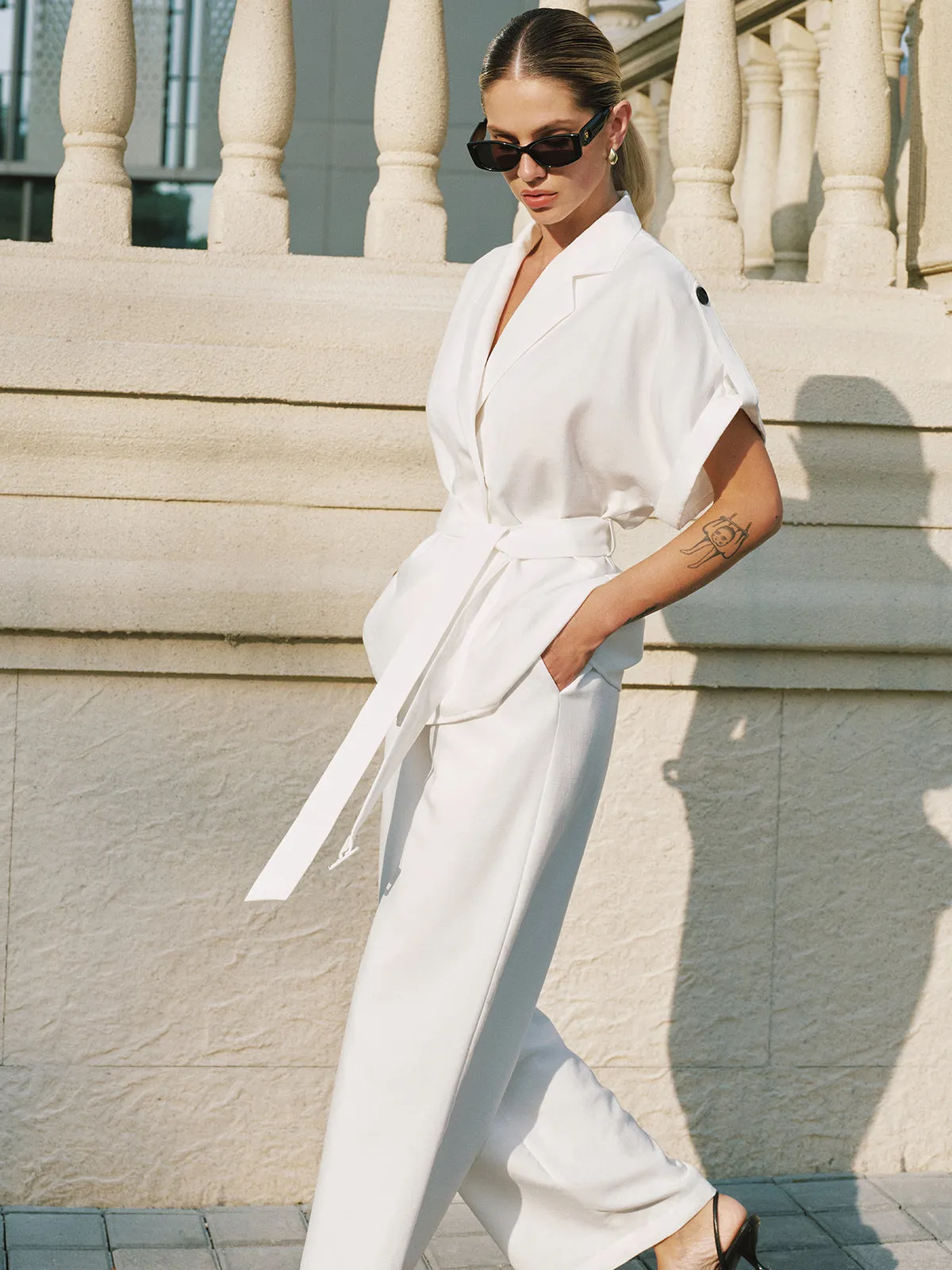 Short Sleeve Belted Blazer & Wide Leg Pant Set sold by COMMENSE product image thumbnail 3
