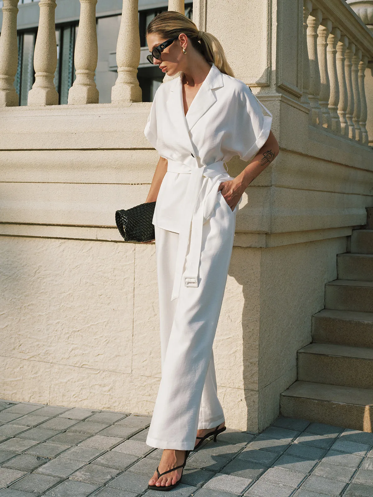Short Sleeve Belted Blazer & Wide Leg Pant Set sold by COMMENSE product image thumbnail 4