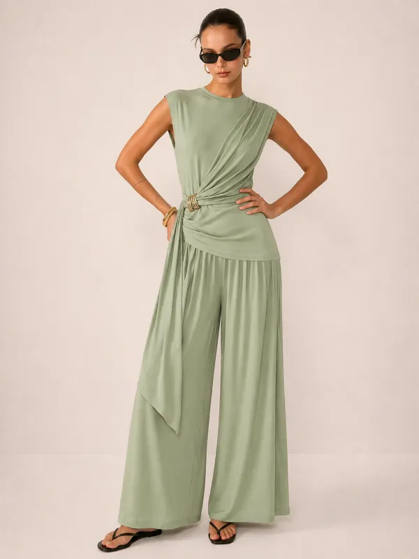 Draped Jersey Top & Wide-Leg Pants Set made by COMMENSE