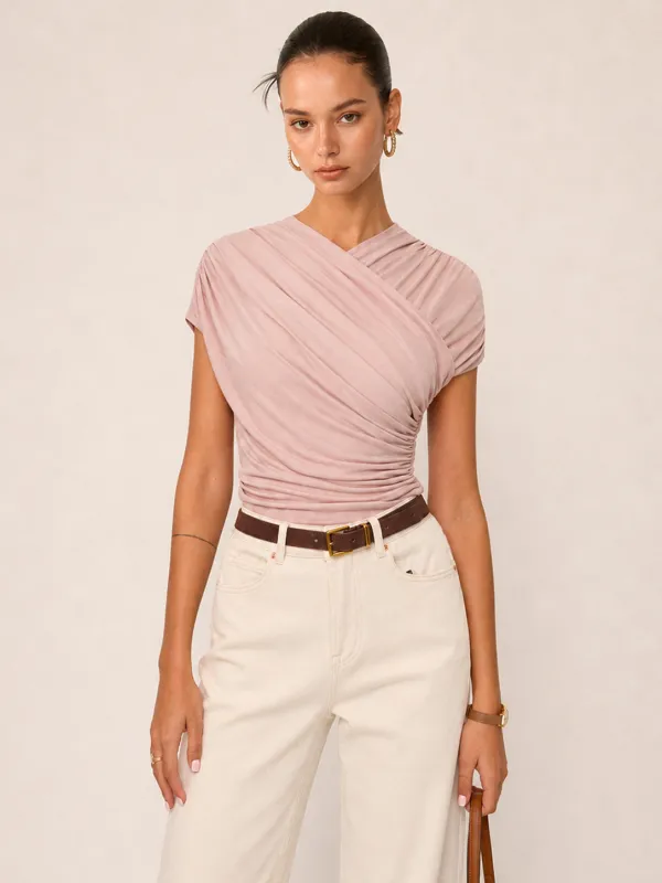 Wrap-Front Ruched Short Sleeve Top made by COMMENSE