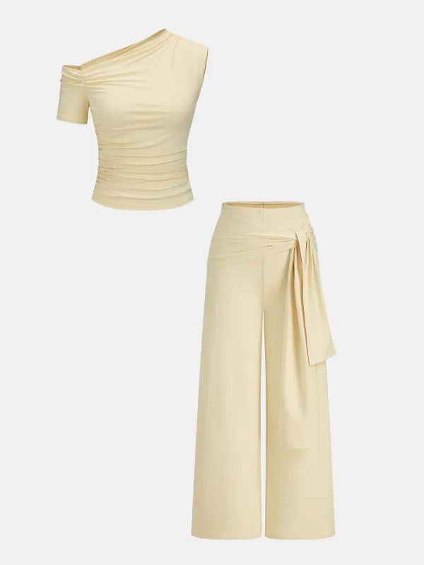 Off-Shoulder Ruched Top & Tie-Waist Pants Set made by COMMENSE