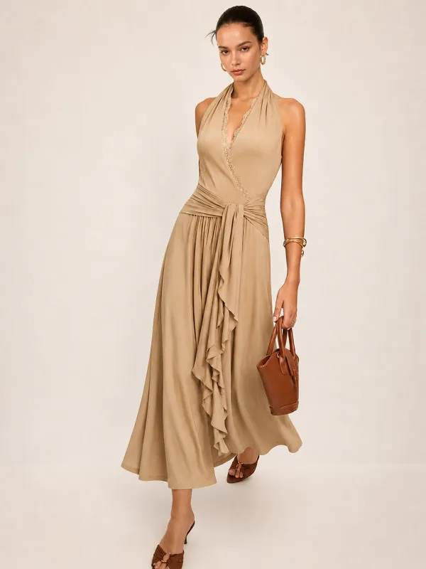 Lace Trim Halter Wrap Maxi Dress made by COMMENSE