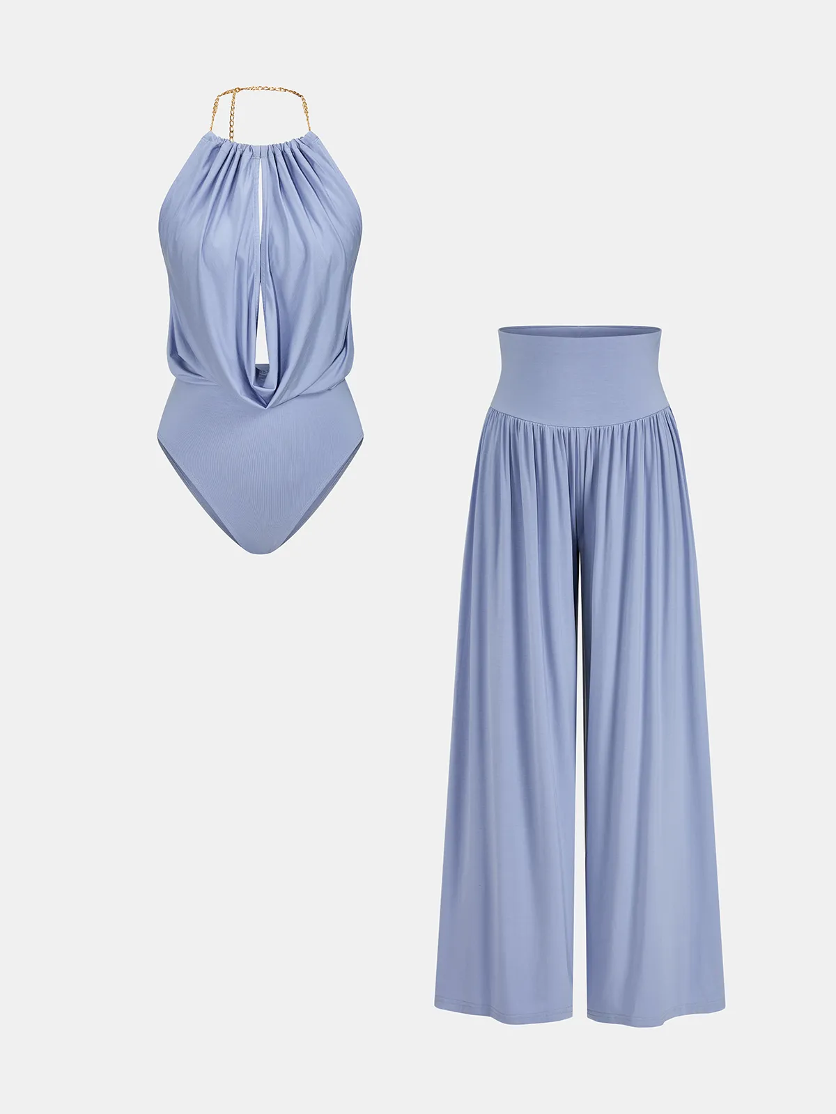 Chain Halter Bodysuit & High-Waisted Palazzo Pants Set sold by COMMENSE product image thumbnail 2