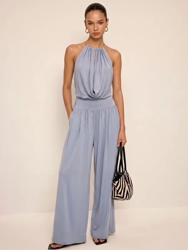 Chain Halter Bodysuit & High-Waisted Palazzo Pants Set made by COMMENSE