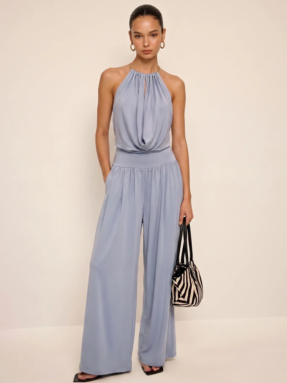 Chain Halter Bodysuit & High-Waisted Palazzo Pants Set sold by COMMENSE