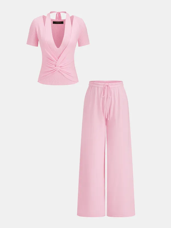 Halter Twist-Front Knit Top & Drawstring Pants Set made by COMMENSE