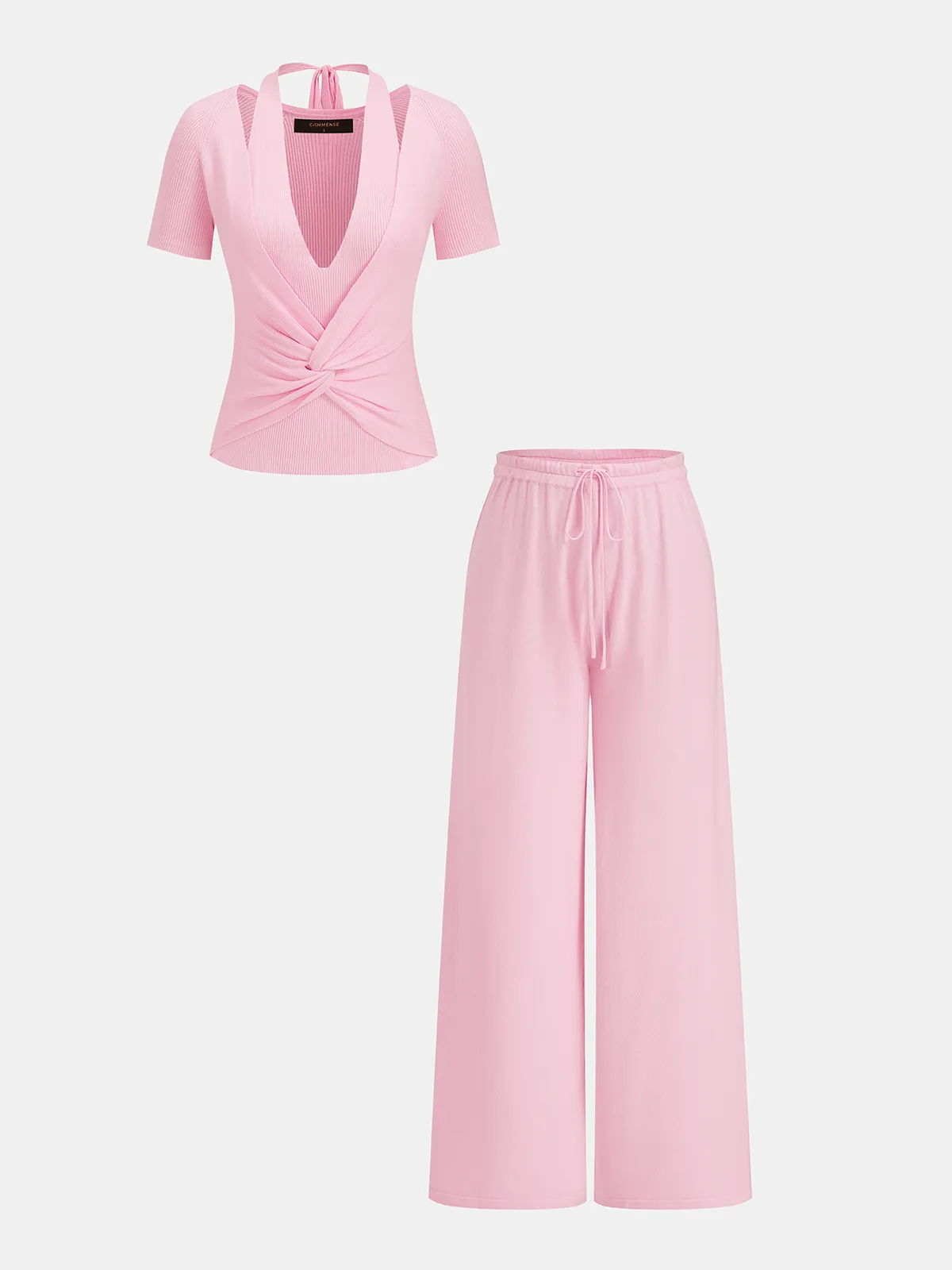 Halter Twist-Front Knit Top & Drawstring Pants Set sold by COMMENSE