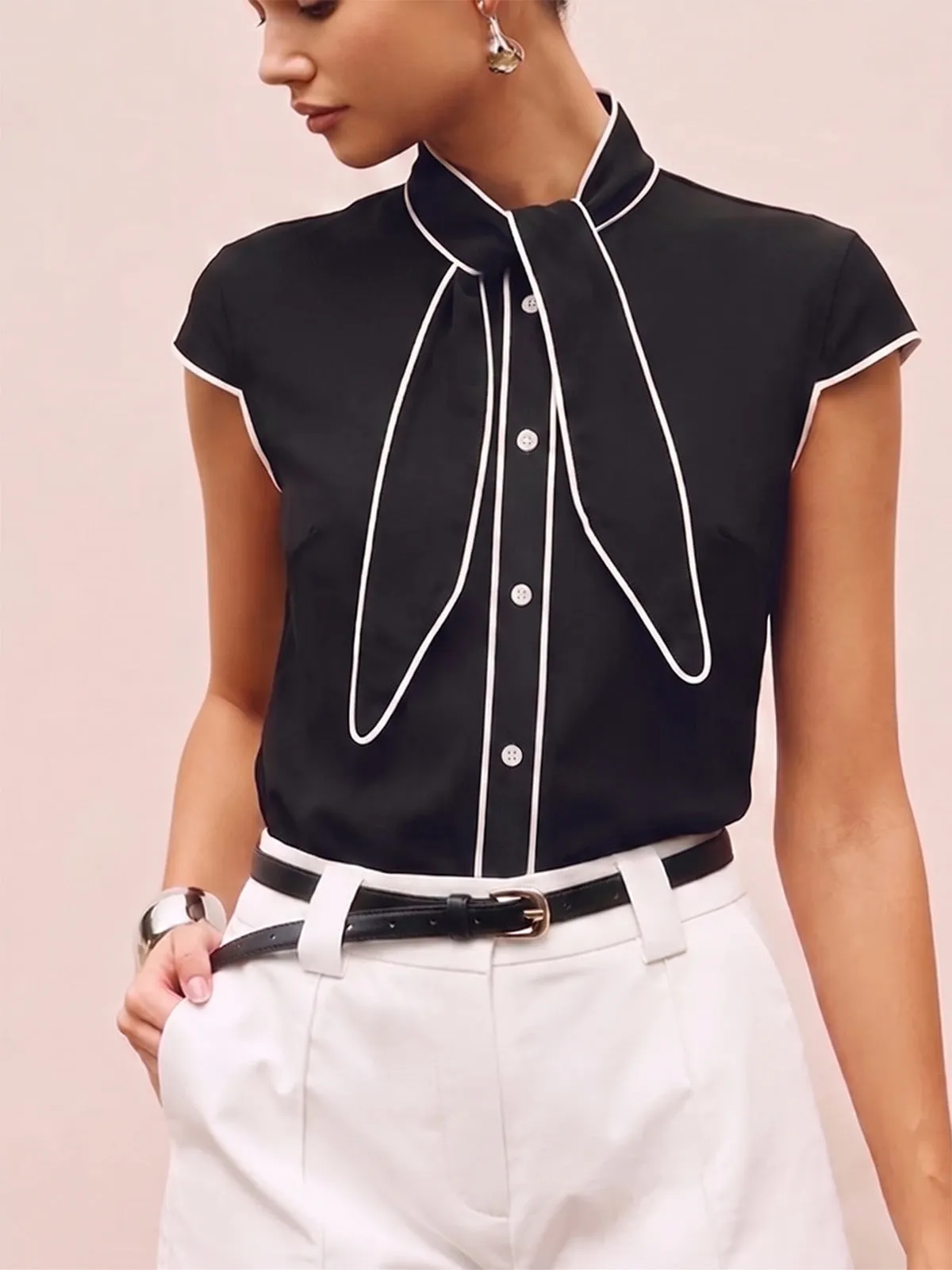 Contrast Piping Tie Neck Blouse sold by COMMENSE