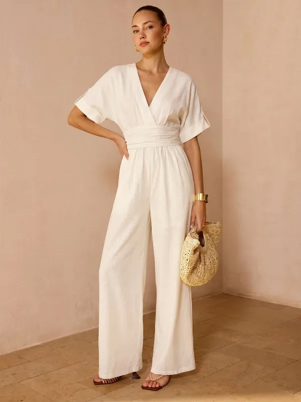 Tencel Blend Ruched Waist Wide Leg Jumpsuit made by COMMENSE