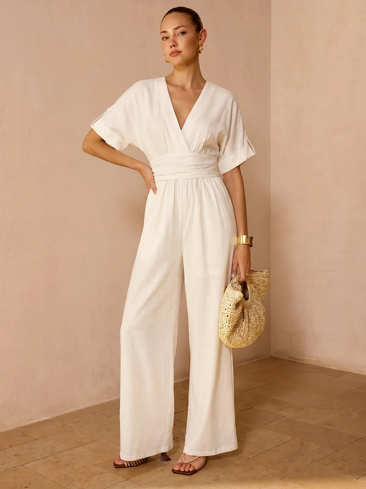 Tencel Blend Ruched Waist Wide Leg Jumpsuit sold by COMMENSE