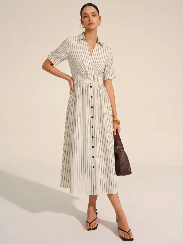 Cotton Linen Striped Midi Shirt Dress made by COMMENSE