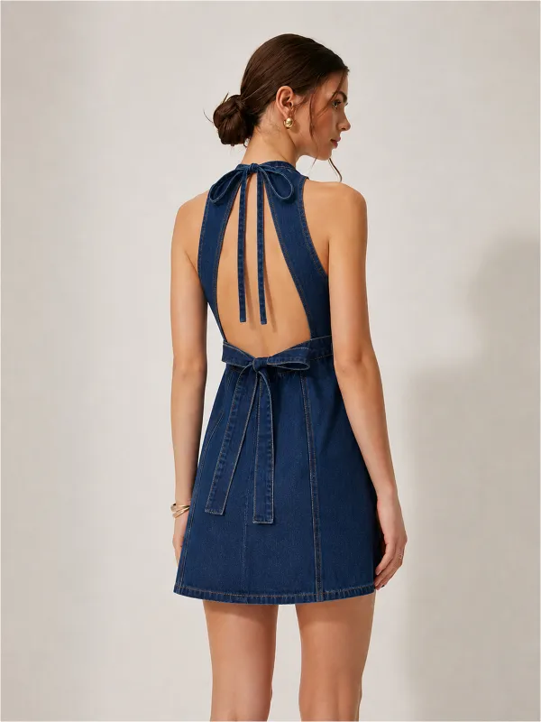 Backless Sleeveless Denim Mini Dress made by COMMENSE