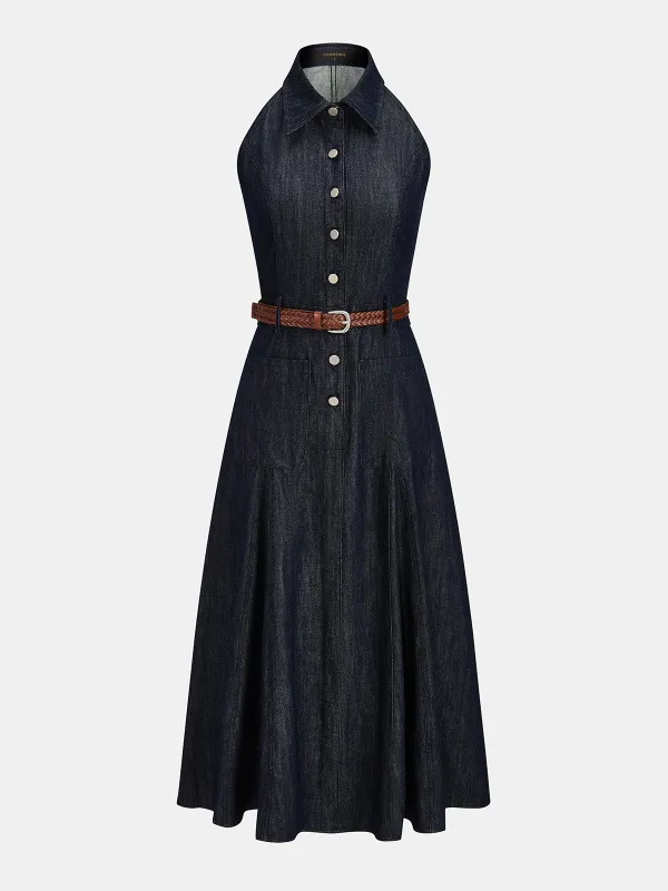 Sleeveless Buttoned Belted Denim Maxi Dress made by COMMENSE