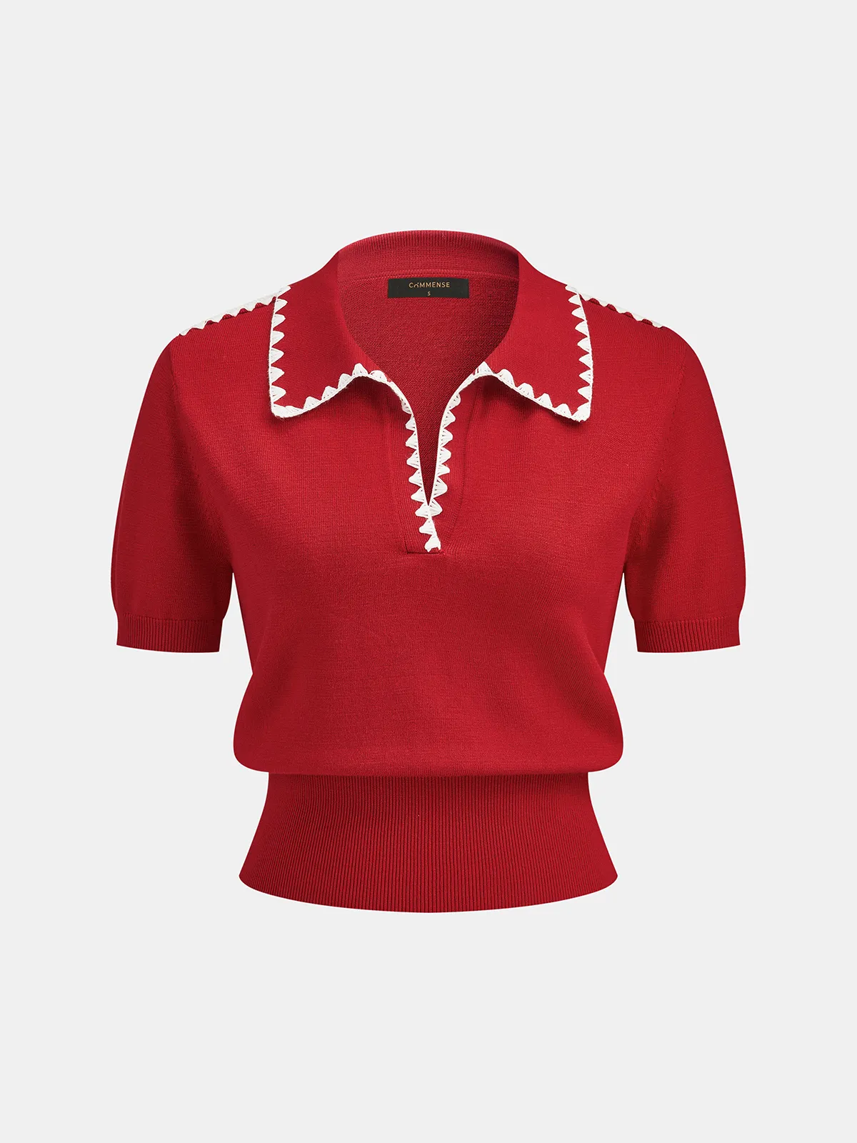 Scallop Trim Collared Short Sleeve Knit Top sold by COMMENSE