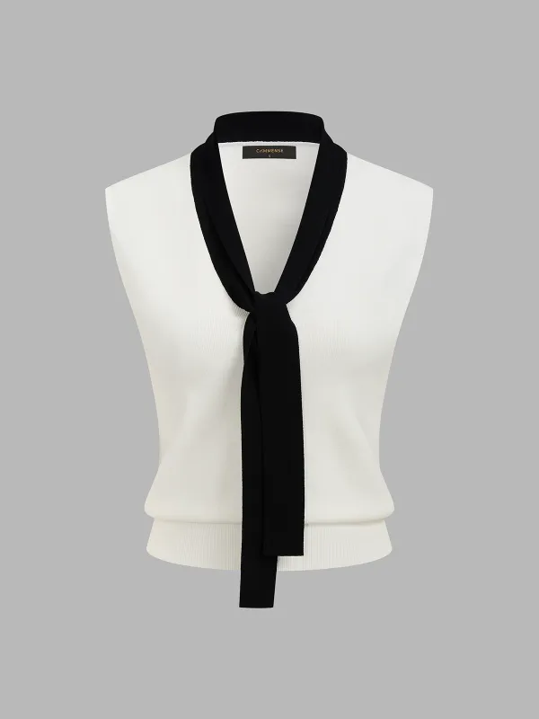 Contrast Tie Neck Knitted Vest made by COMMENSE