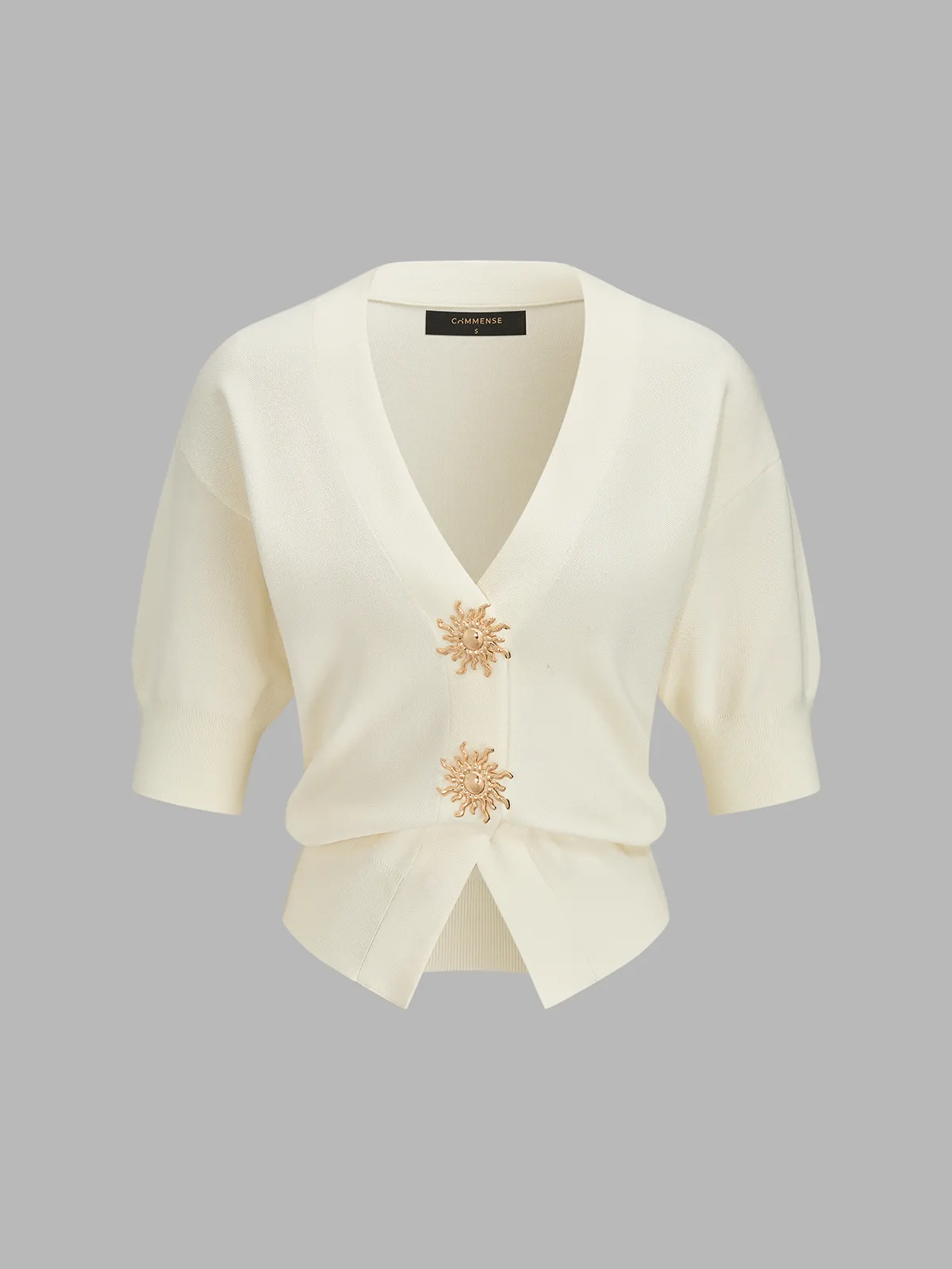 Decorative Sun Button Short Sleeve Knit Cardigan sold by COMMENSE