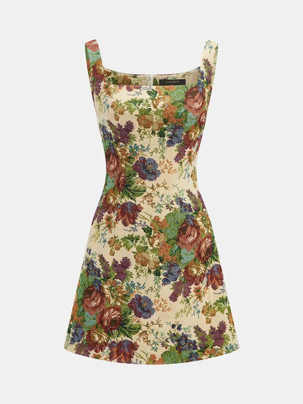Vintage Floral Tapestry Square Neck Mini Dress made by COMMENSE