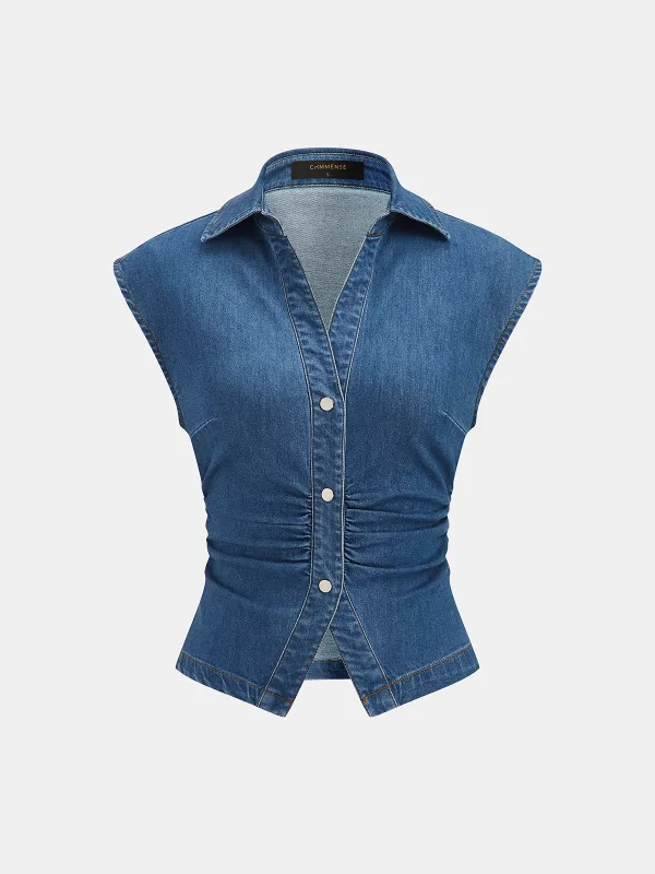 Ruched Collared Button Denim Tank Top made by COMMENSE