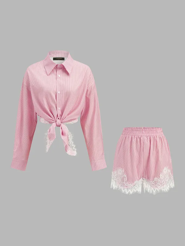 Lace Trim Striped Shirt & Shorts Set made by COMMENSE