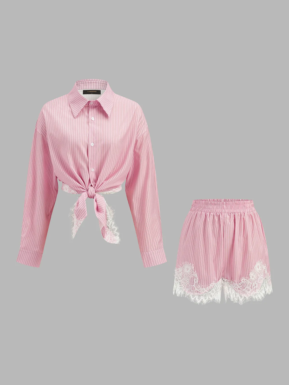 Lace Trim Striped Shirt & Shorts Set sold by COMMENSE