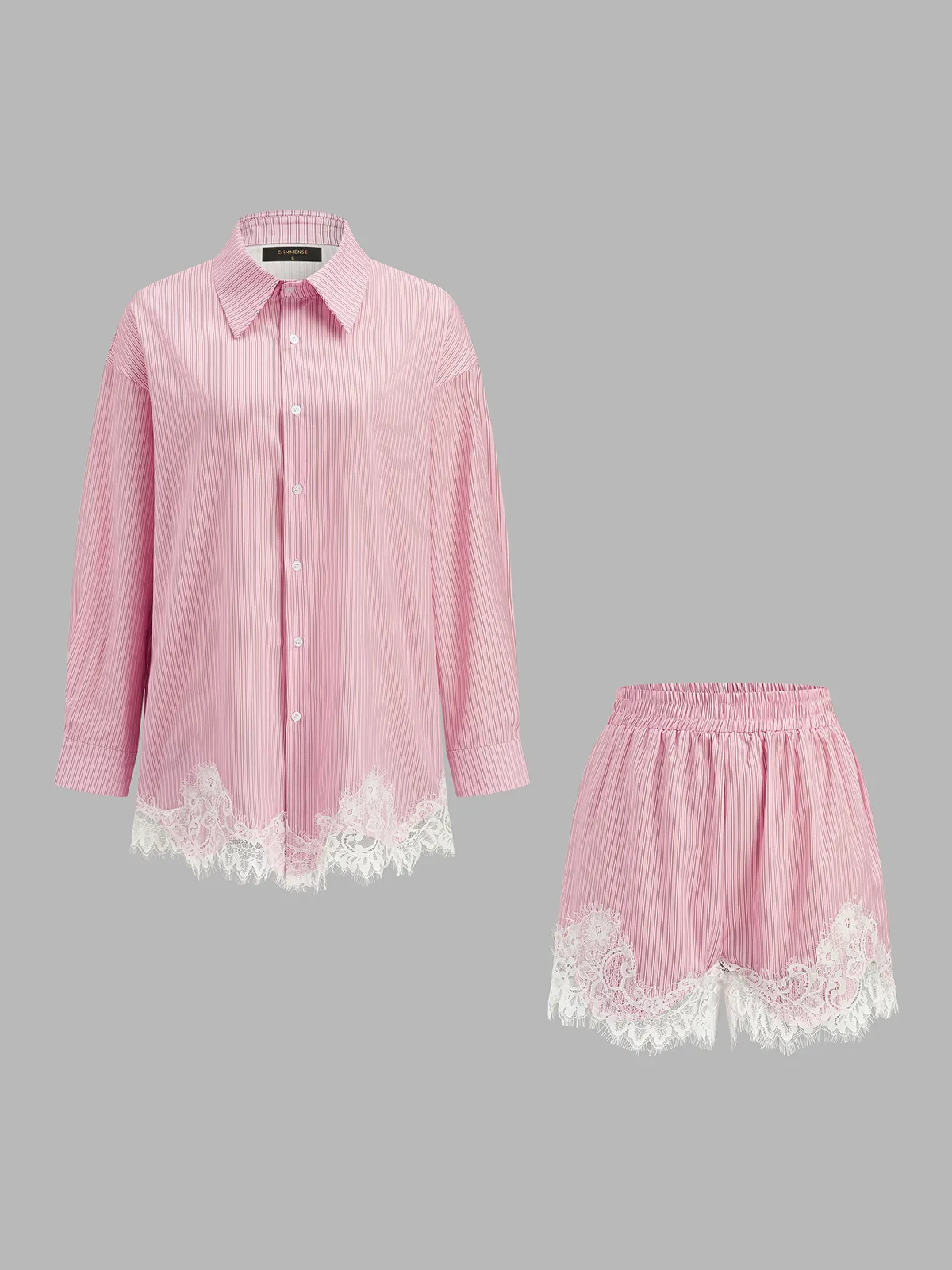 Lace Trim Striped Shirt & Shorts Set sold by COMMENSE product image thumbnail 2