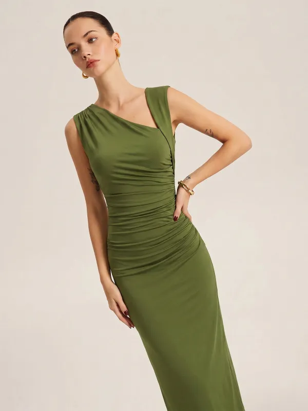 Asymmetric Ruched Bodycon Midi Dress made by COMMENSE
