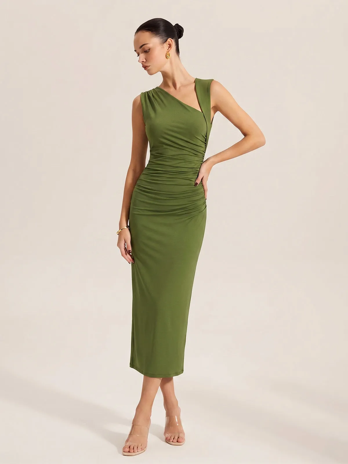 Asymmetric Ruched Bodycon Midi Dress sold by COMMENSE product image thumbnail 2