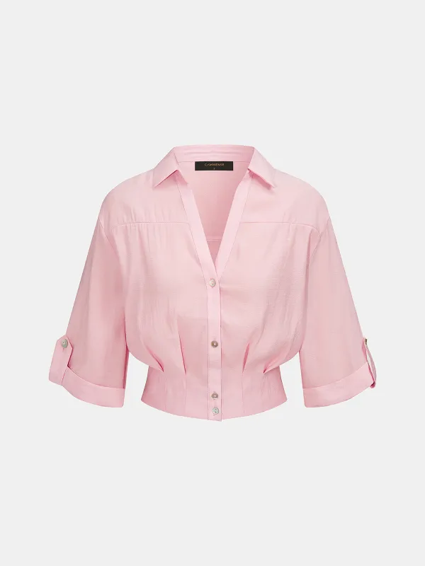 Cropped V Neck Button Front Blouse made by COMMENSE