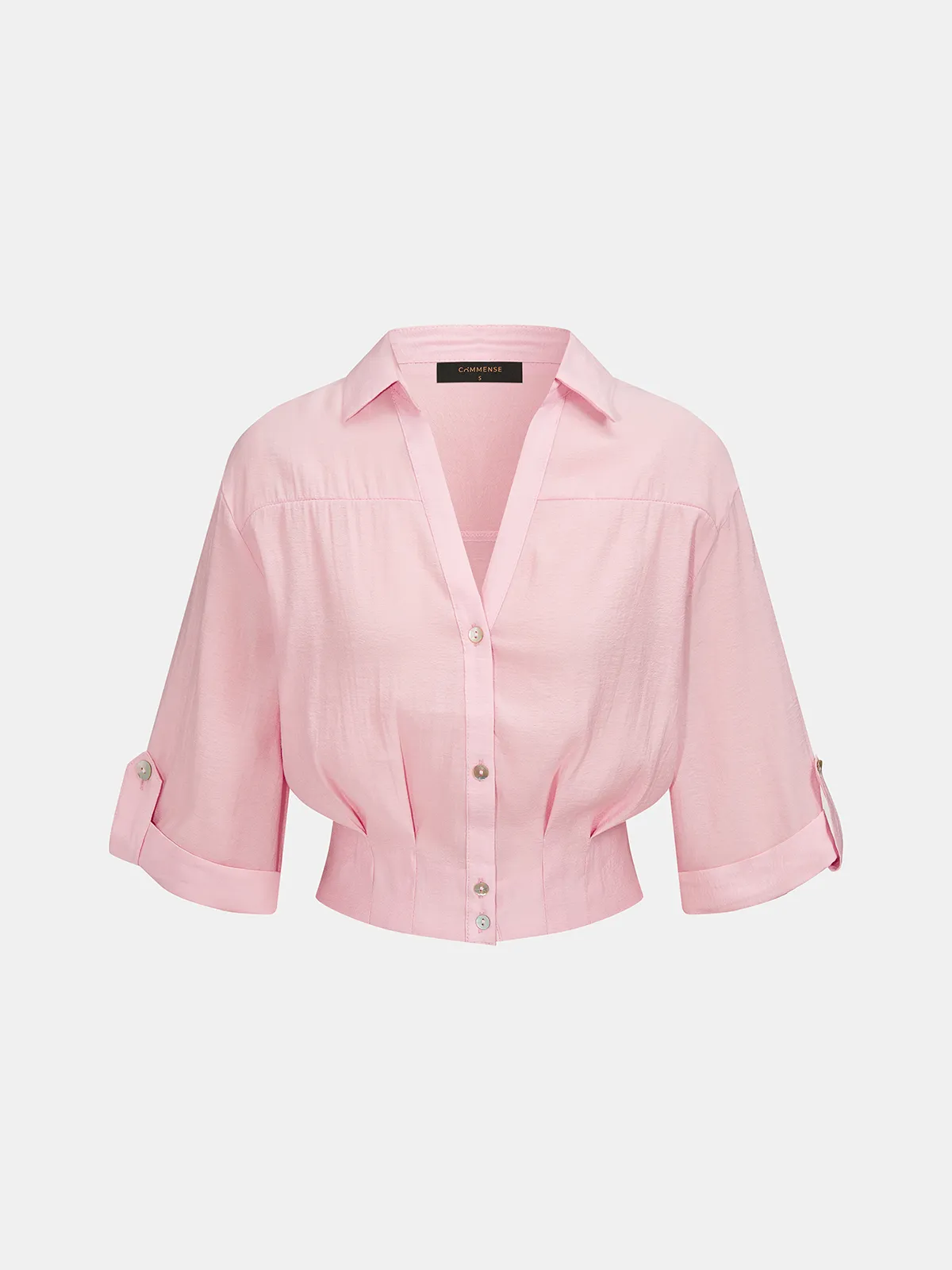 Cropped V Neck Button Front Blouse sold by COMMENSE